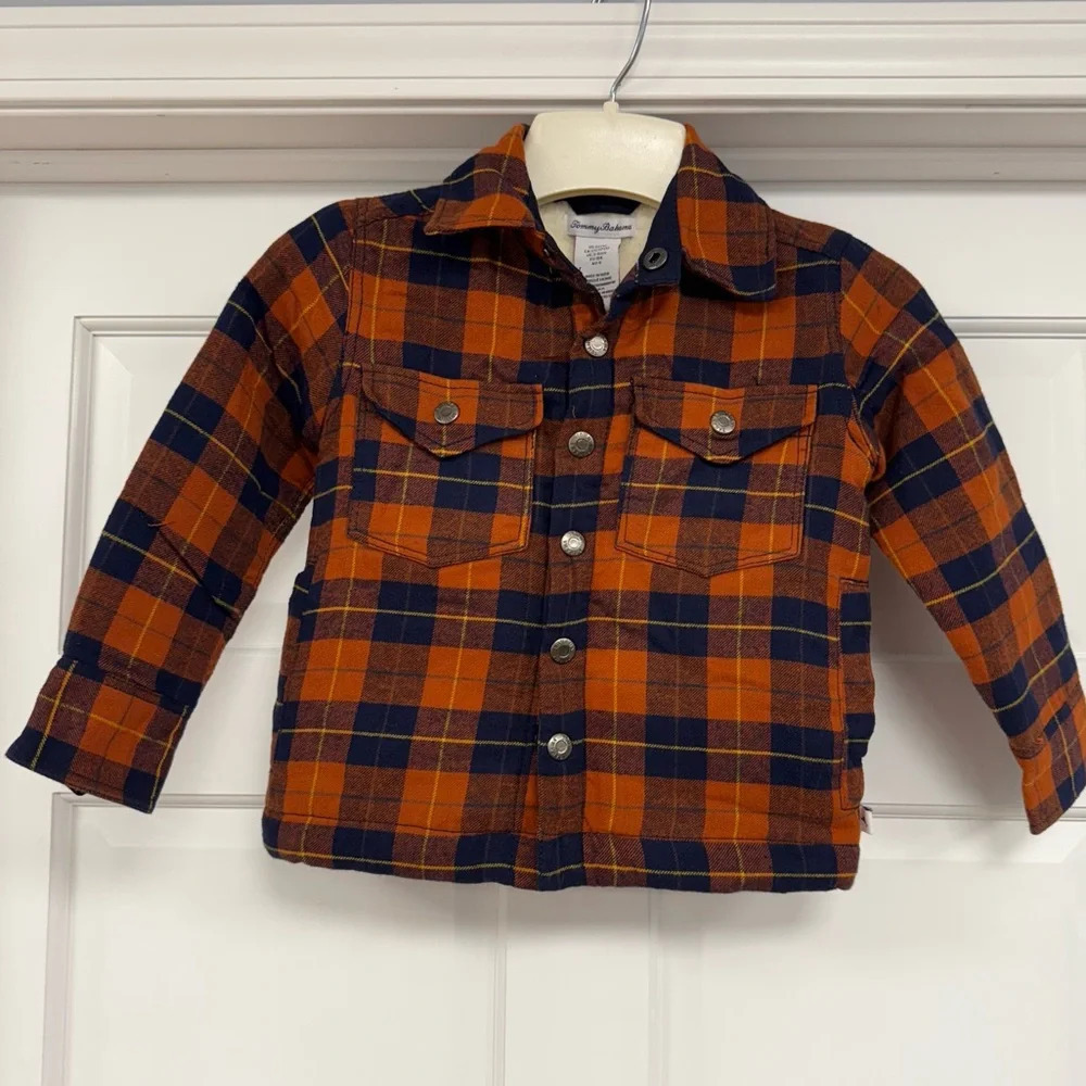 NWT Tommy Bahama Plaid Flannel Shirt Shacket Boys XS 4 Sherpa Lined Orange